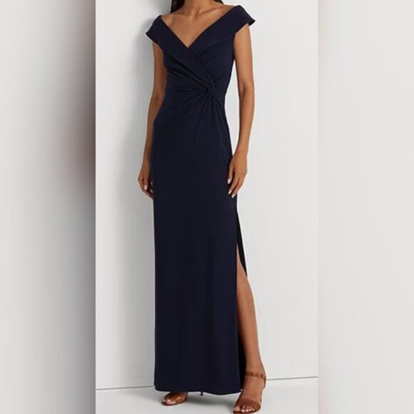 Ralph Lauren Dresses & Skirts - Lauren Ralph Lauren Navy Blue Portrait Collar Cap Sleeve Crepe Sheath Gown